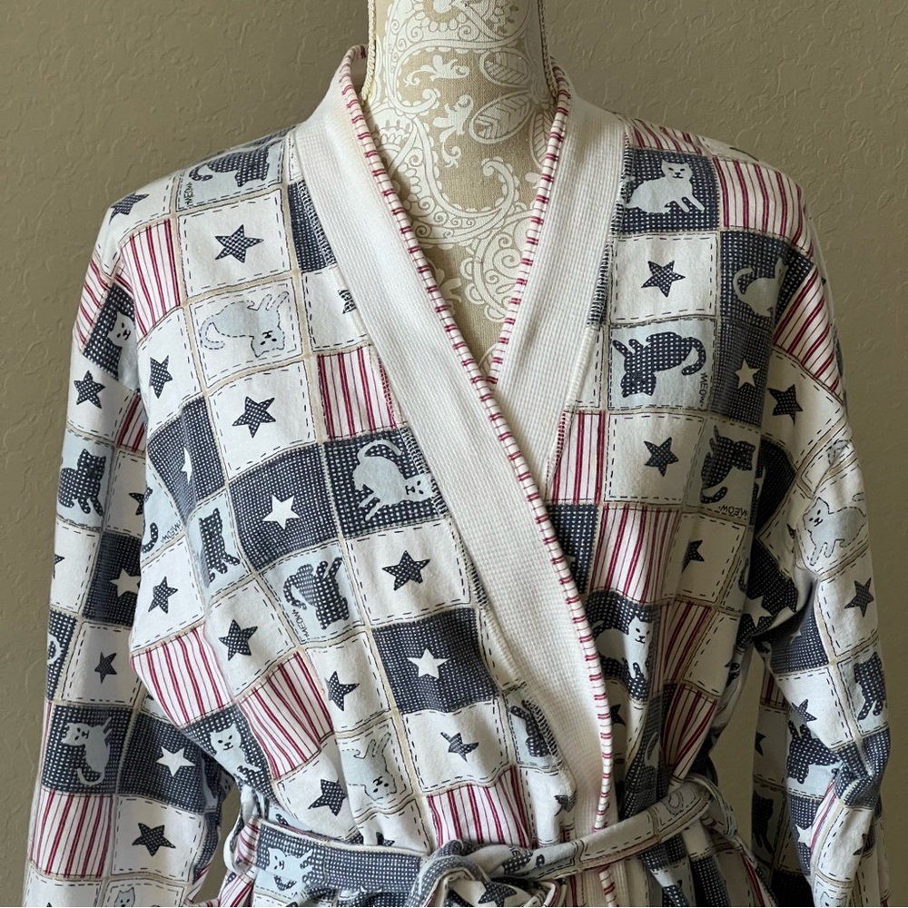 Carole Hochman Red, White, and Blue Cat Themed Turkish Made Cotton Robe Sze L